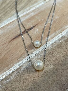 Sterling Silver Double Pearl Pendant Necklace - White Pearls